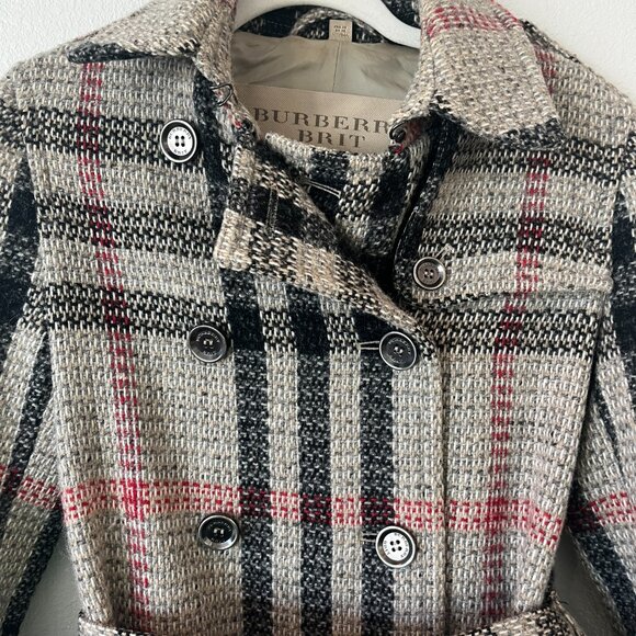 Burberry Grey Red Black 100% Wool Nova Plaid Coat - Picture 5 of 12